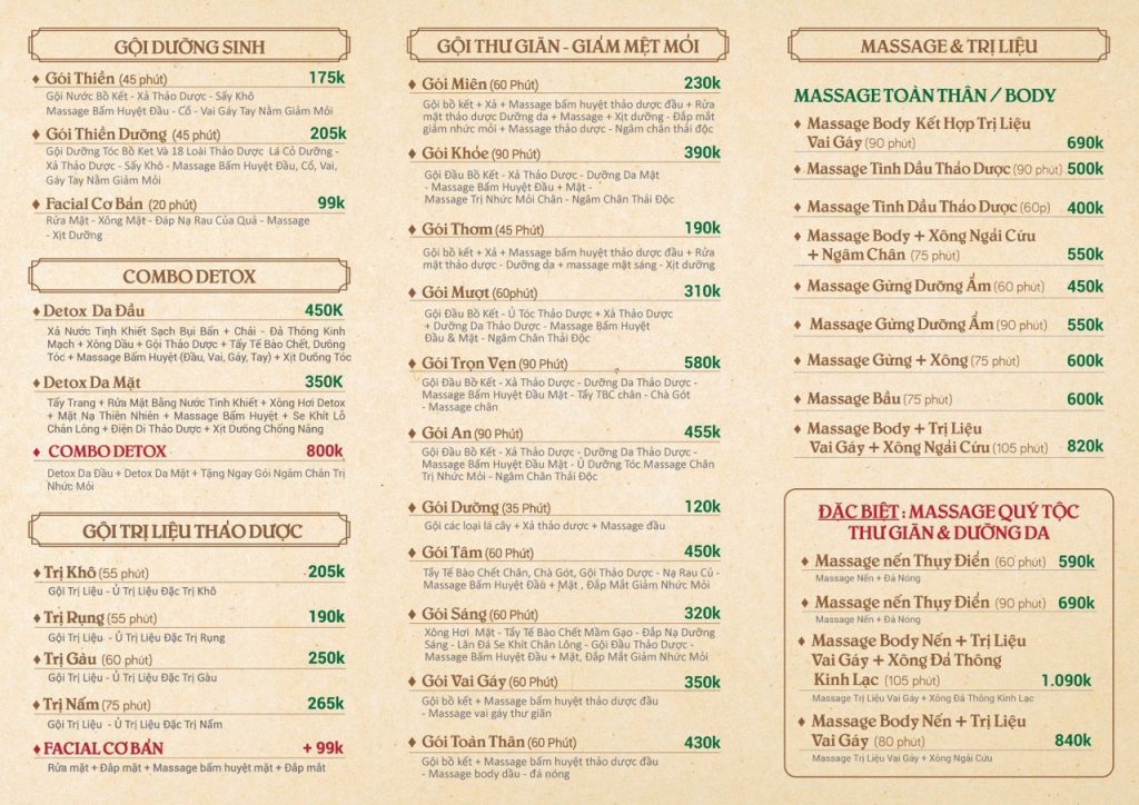Bảng giá tại An Miên Spa gội đầu thảo dược